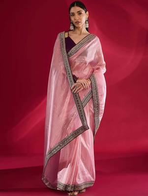 pink embroidered tissue designer saree 4