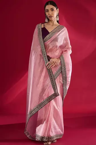 pink embroidered tissue designer saree