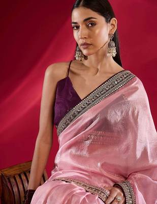 pink embroidered tissue designer saree 5