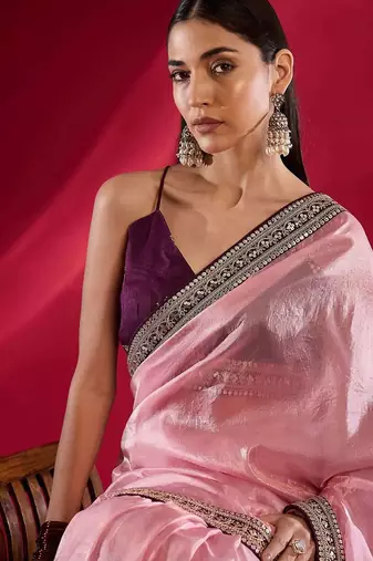pink embroidered tissue designer saree