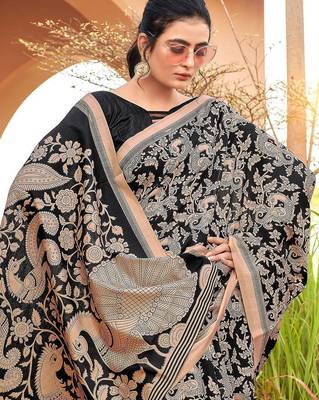 black black & pink floral art silk bagru saree 2
