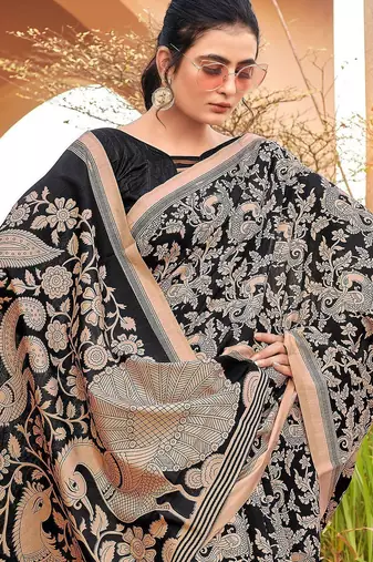 black black & pink floral art silk bagru saree