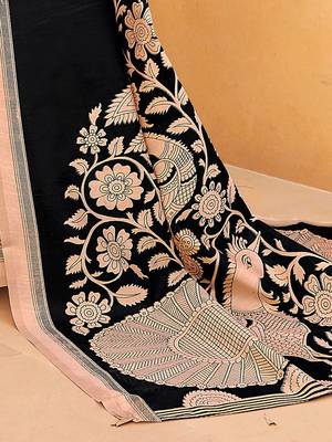 black black & pink floral art silk bagru saree 3