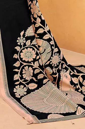 black black & pink floral art silk bagru saree