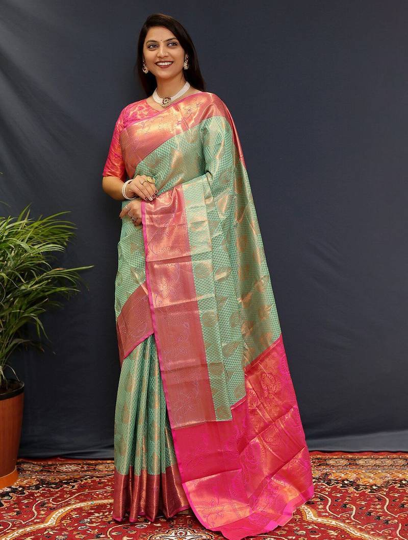 sea_green woven design zari kanjeevaram saree