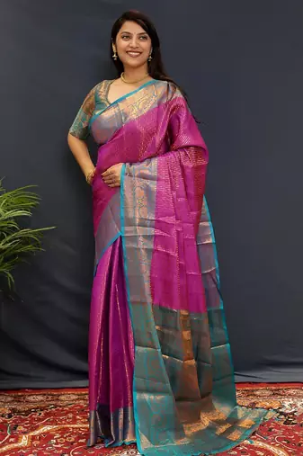 purple woven design zari kanjeevaram saree
