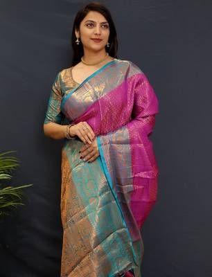 purple woven design zari kanjeevaram saree 3