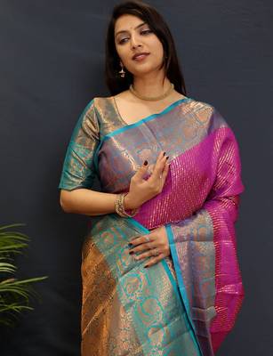 purple woven design zari kanjeevaram saree 4