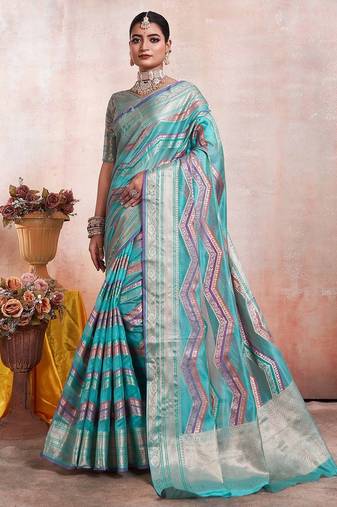 blue leheriya woven design zari organza kanjeevaram saree