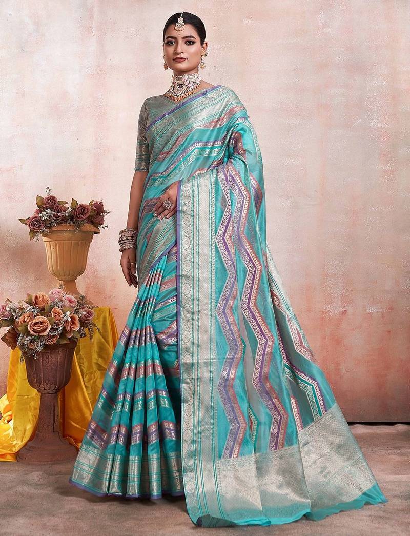 blue leheriya woven design zari organza kanjeevaram saree