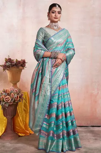 blue leheriya woven design zari organza kanjeevaram saree