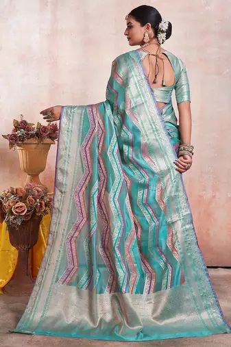 blue leheriya woven design zari organza kanjeevaram saree