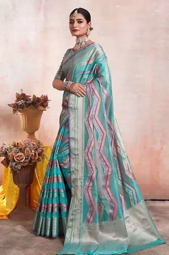blue leheriya woven design zari organza kanjeevaram saree