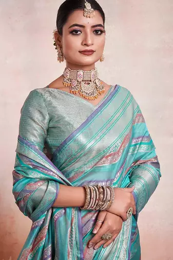 blue leheriya woven design zari organza kanjeevaram saree