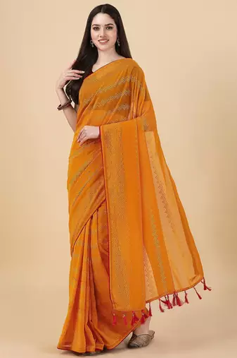 yellow lucknowi embroidered and diamond embellished georgette saree
