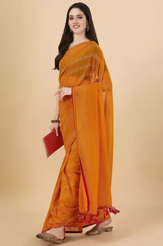 yellow lucknowi embroidered and diamond embellished georgette saree