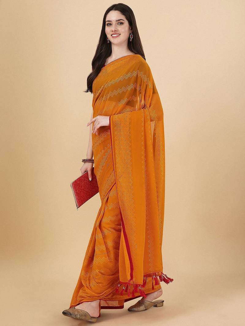 yellow lucknowi embroidered and diamond embellished georgette saree