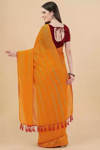 yellow lucknowi embroidered and diamond embellished georgette saree