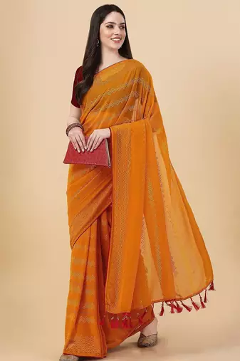 yellow lucknowi embroidered and diamond embellished georgette saree