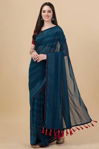 green lucknowi embroidered and diamond embellished georgette saree