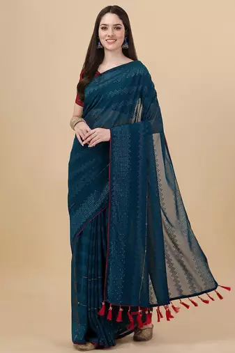 green lucknowi embroidered and diamond embellished georgette saree