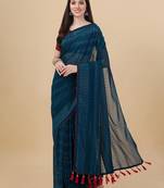green lucknowi embroidered and diamond embellished georgette saree