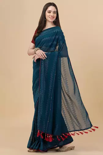 green lucknowi embroidered and diamond embellished georgette saree