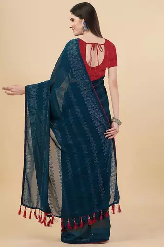 green lucknowi embroidered and diamond embellished georgette saree