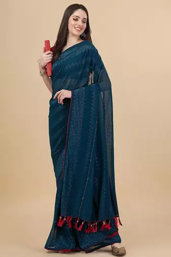 green lucknowi embroidered and diamond embellished georgette saree