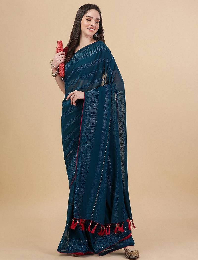 green lucknowi embroidered and diamond embellished georgette saree