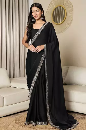 black embellished satin ready to wear saree