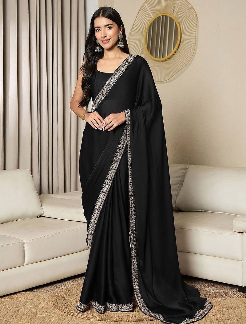 black embellished satin ready to wear saree