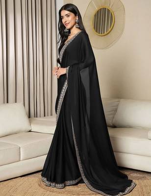 black embellished satin ready to wear saree 2