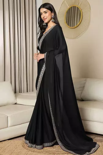 black embellished satin ready to wear saree
