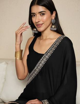 black embellished satin ready to wear saree 3