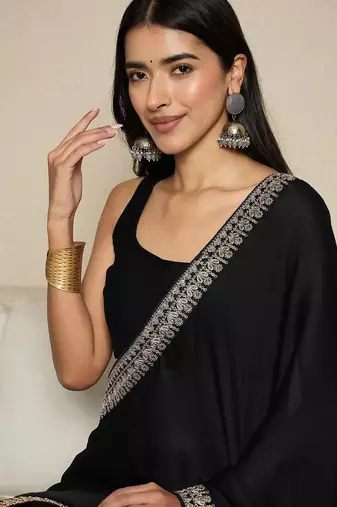black embellished satin ready to wear saree