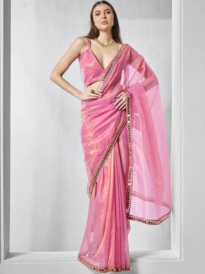 pink beads and stones mirror work organza saree 1