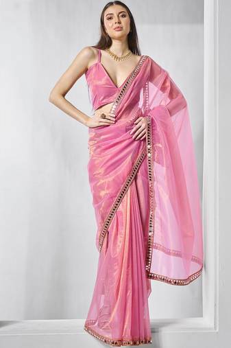 pink beads and stones mirror work organza saree
