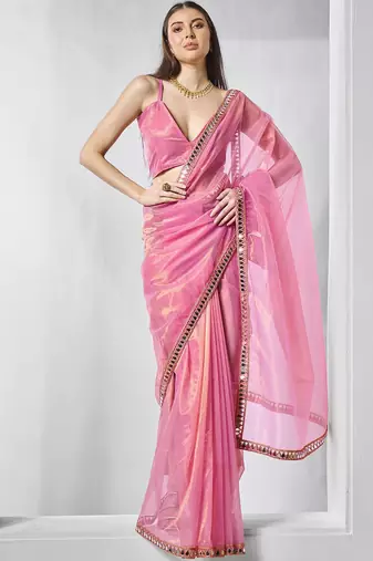 pink beads and stones mirror work organza saree