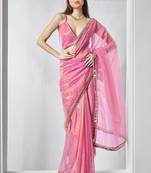 pink beads and stones mirror work organza saree