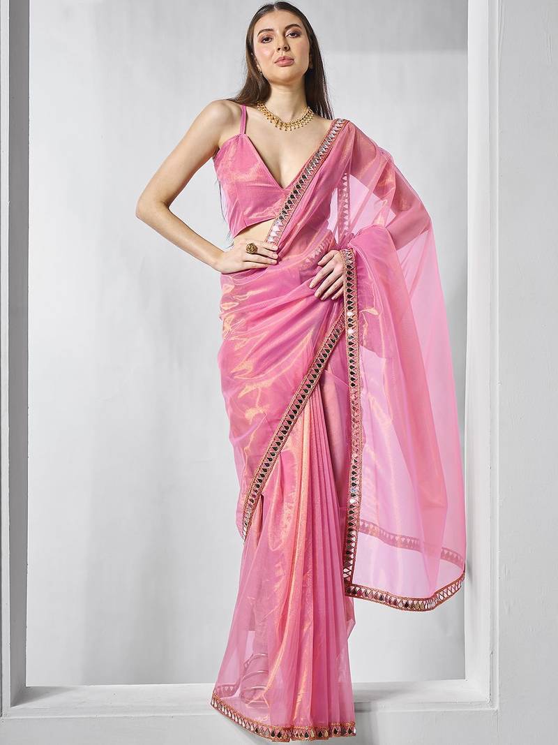 pink beads and stones mirror work organza saree