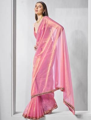 pink beads and stones mirror work organza saree 2