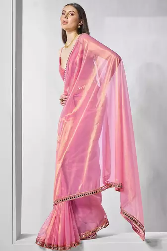 pink beads and stones mirror work organza saree