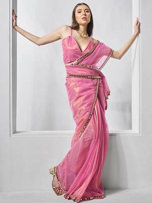 pink beads and stones mirror work organza saree 3