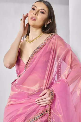 pink beads and stones mirror work organza saree