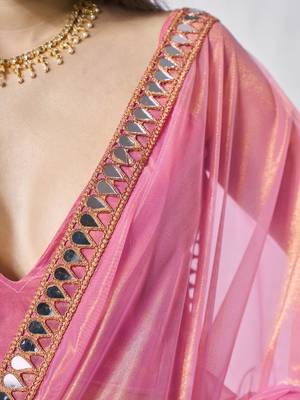 pink beads and stones mirror work organza saree 5