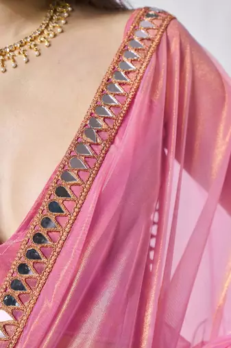 pink beads and stones mirror work organza saree