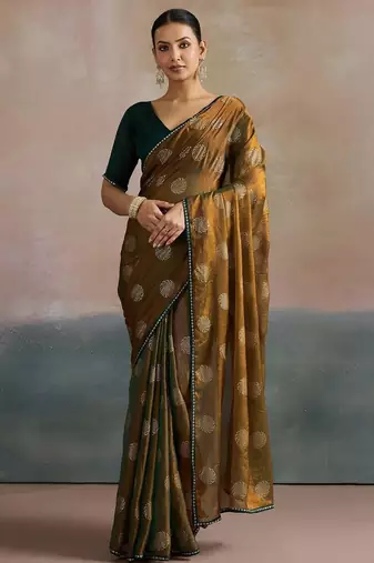 olive floral beads and stones pure chiffon saree