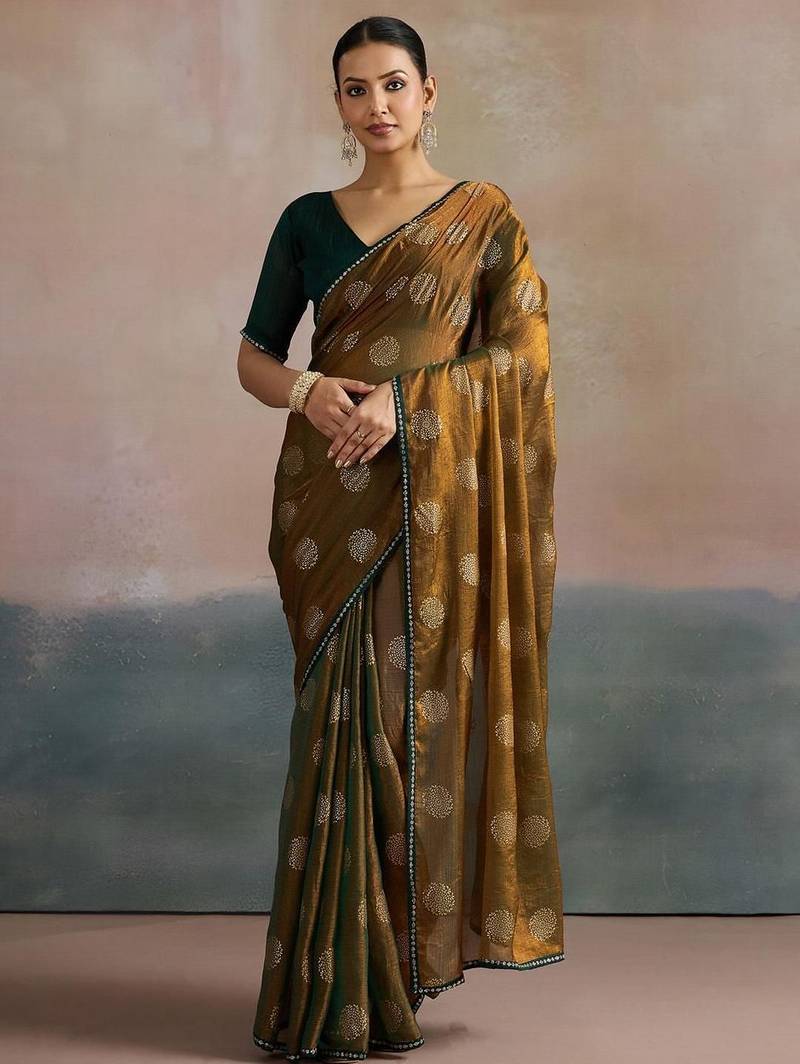 olive floral beads and stones pure chiffon saree