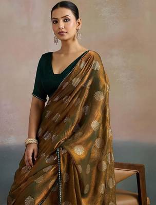 olive floral beads and stones pure chiffon saree 2